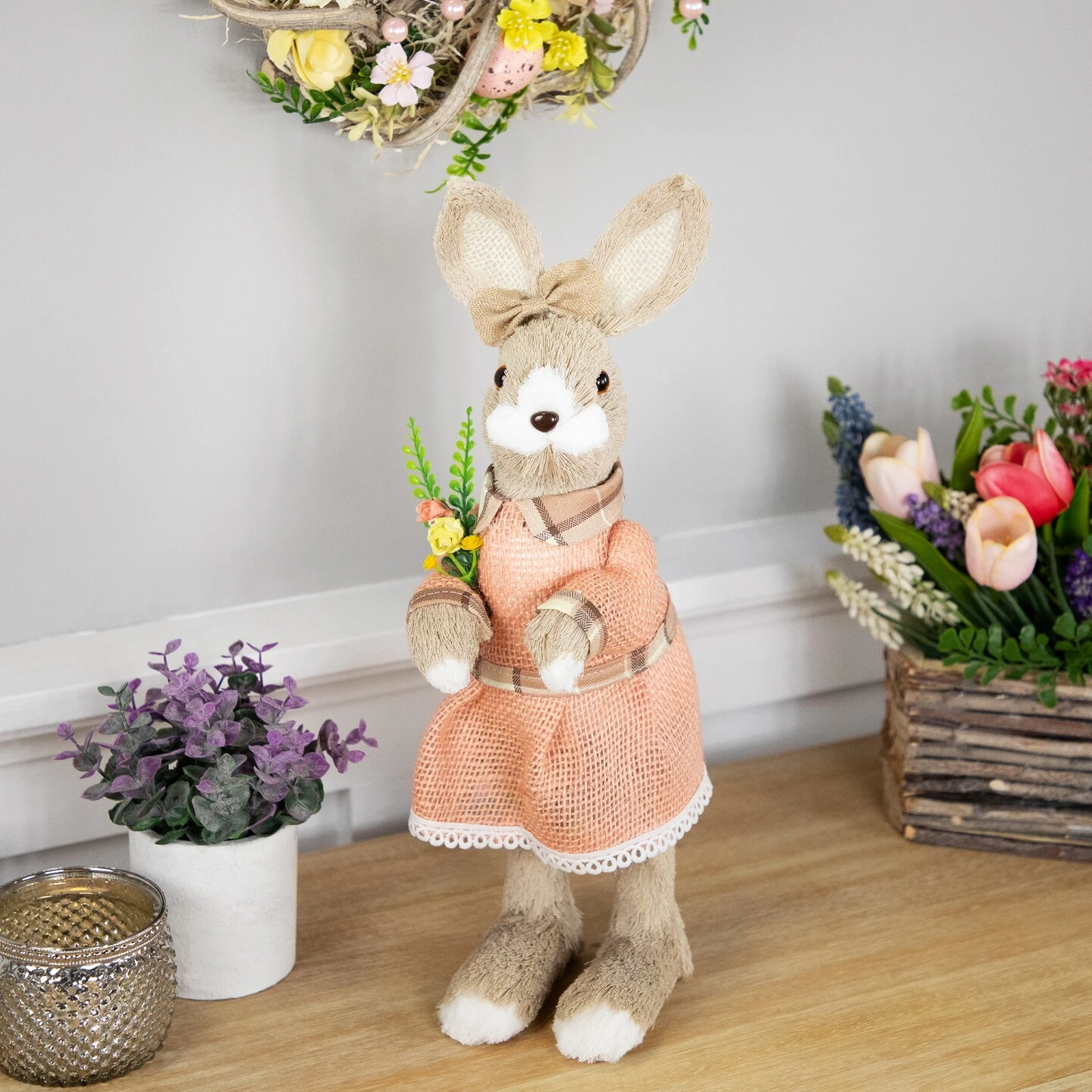 Northlight Rustic Girl Rabbit Easter Figure With Flowers - 15.25" - Beige 5 Northlight Rustic Girl Rabbit Easter Figure With Flowers - 15.25" - Beige - Image 3