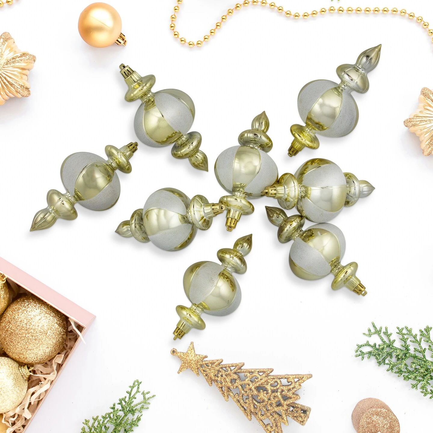 Northlight 8ct Champagne Shiny Finish Shatterproof Finial Christmas Ornaments, 6" Gold 5 Northlight 8ct Champagne Shiny Finish Shatterproof Finial Christmas Ornaments, 6" Gold - Image 3