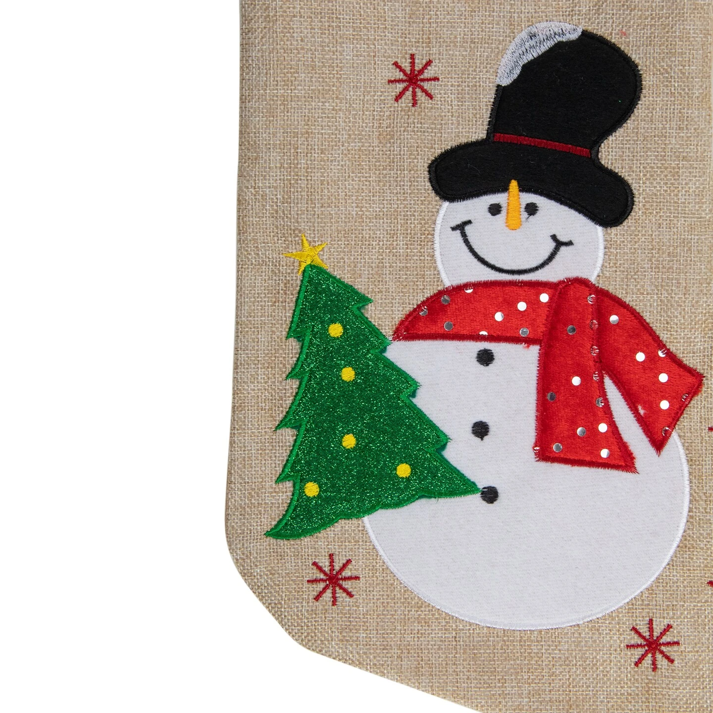 Northlight 19" Burlap Standing Snowman With A Tree And Snowflakes Christmas Stocking Beige 6 Northlight 19" Burlap Standing Snowman With A Tree And Snowflakes Christmas Stocking Beige - Image 4