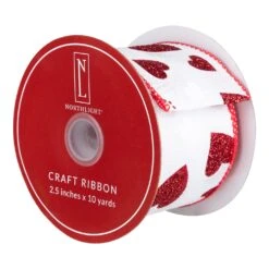 Northlight Glitter Hearts Valentine's Day Wired Craft Ribbon- 2.5" X 10 Yards - White And Red -Northlight 2306369735994675376