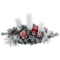 Northlight Triple Candle Holder With Flocked Pine And Christmas Ornaments - 32" - Red And White -Northlight 2306386831282685152