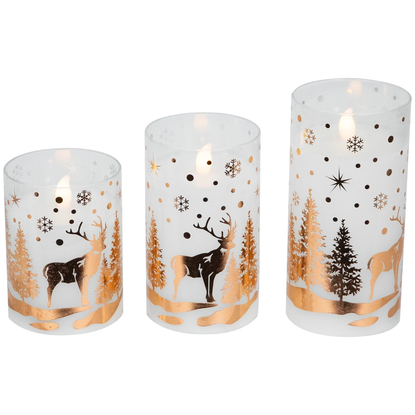 Northlight LED Flameless Flickering Woodland Glass Pillar Christmas Candles - 6" - Set Of 3 White 7 Northlight LED Flameless Flickering Woodland Glass Pillar Christmas Candles - 6" - Set Of 3 White - Image 5