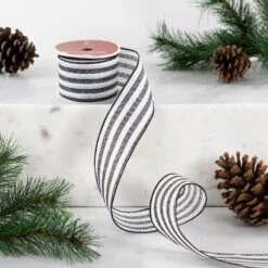 Northlight Striped Wired Craft Ribbon - 2.5" X 10 Yards - Black And White -Northlight 269575690097376