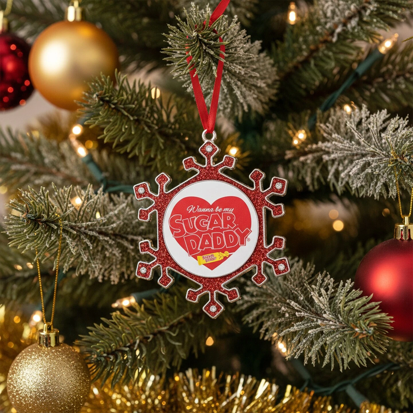 Northlight Snowflake "Sugar Daddy" Candy Logo Christmas Ornament - 3.5" - Red And Silver 5 Northlight Snowflake "Sugar Daddy" Candy Logo Christmas Ornament - 3.5" - Red And Silver - Image 3