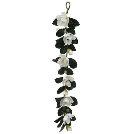 Northlight 5ft. White Magnolia Flower & Leaves Silk Garland 4 Northlight 5ft. White Magnolia Flower & Leaves Silk Garland - Image 2