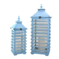Northlight L'Eau De Fleur Distressed Blue Fir Wood Candle Lantern Set, 21" & 28" -Northlight 28529 31366648 u