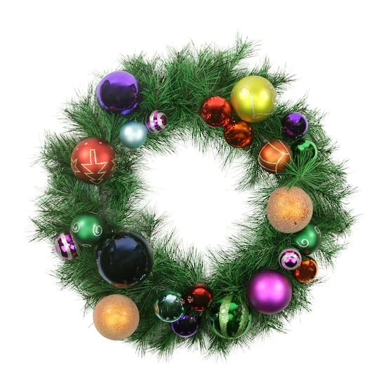 Northlight 24" Pre-Decorated Multicolor Ball Ornament Long Needle Pine Artificial Christmas Wreath, Unlit 4 Northlight 24" Pre-Decorated Multicolor Ball Ornament Long Needle Pine Artificial Christmas Wreath, Unlit - Image 2