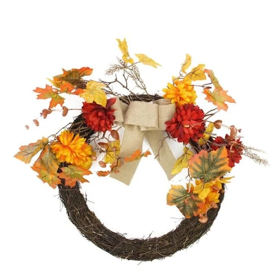 Northlight 20" Autumn Harvest Mixed Leaf & Mum Flower Twig Wreath, Unlit 4 Northlight 20" Autumn Harvest Mixed Leaf & Mum Flower Twig Wreath, Unlit - Image 2