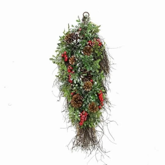 Northlight 28" Unlit Glittered Boxwood, Pine Cones & Red Berry Teardrop Swag 3 Northlight 28" Unlit Glittered Boxwood, Pine Cones & Red Berry Teardrop Swag