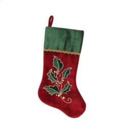 Northlight 20.5" Holly Embroidered Velvet Stocking