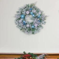 Northlight 24" Blue & Silver Sequin Ornaments Artificial Flocked Pine Wreath -Northlight 28529 32275665 3