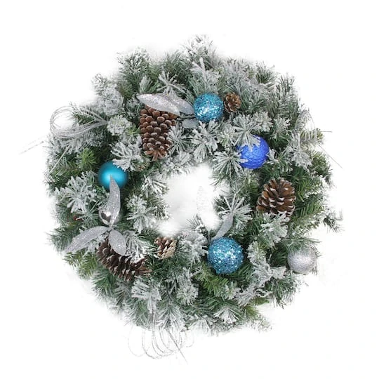Northlight 24" Teal & Silver Ball Flocked With Pinecones Artificial Wreath 4 Northlight 24" Teal & Silver Ball Flocked With Pinecones Artificial Wreath - Image 2