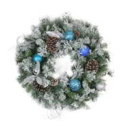 Northlight 24" Teal & Silver Ball Flocked With Pinecones Artificial Wreath