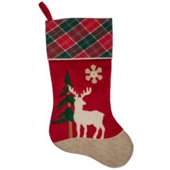 Northlight 20.5-Inch Red And Green Plaid Christmas Stocking With A Pine Tree And Moose -Northlight 28677635957408 1