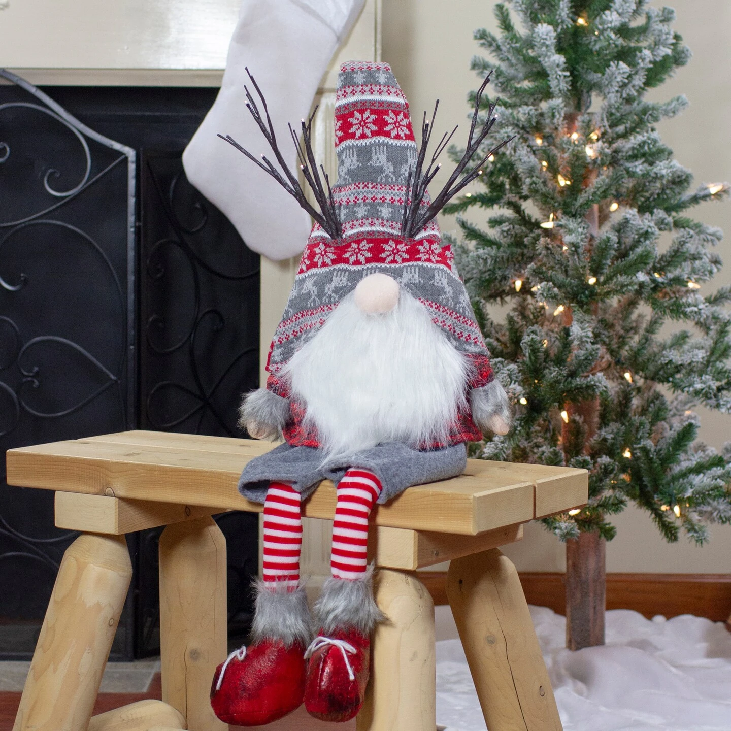 Northlight LED Christmas Gnome With Antlers And Dangling Legs - 30" - Gray And Red 5 Northlight LED Christmas Gnome With Antlers And Dangling Legs - 30" - Gray And Red - Image 3