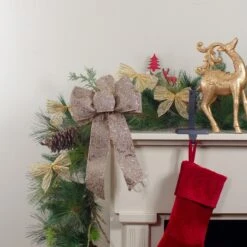 Northlight Burlap Glitter Scroll 6-Loop Christmas Bow Decoration - 9" X 14" - Brown And Gold -Northlight 28678600647328