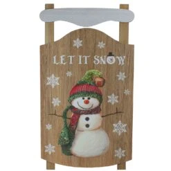 Northlight 24” Let It Snow Wooden Sled Snowman And Snowflakes Wall Sign Brown -Northlight 28679015883424 2