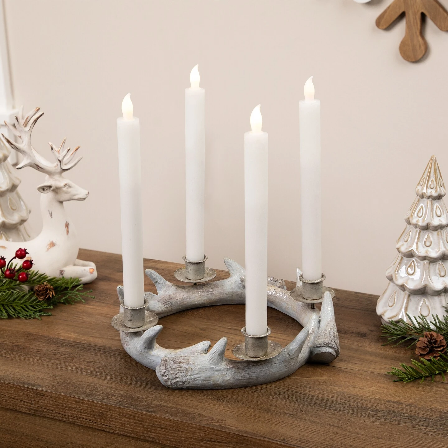 Northlight Antler Wreath Christmas Taper Candle Holder - 10.25" Beige 3 Northlight Antler Wreath Christmas Taper Candle Holder - 10.25" Beige
