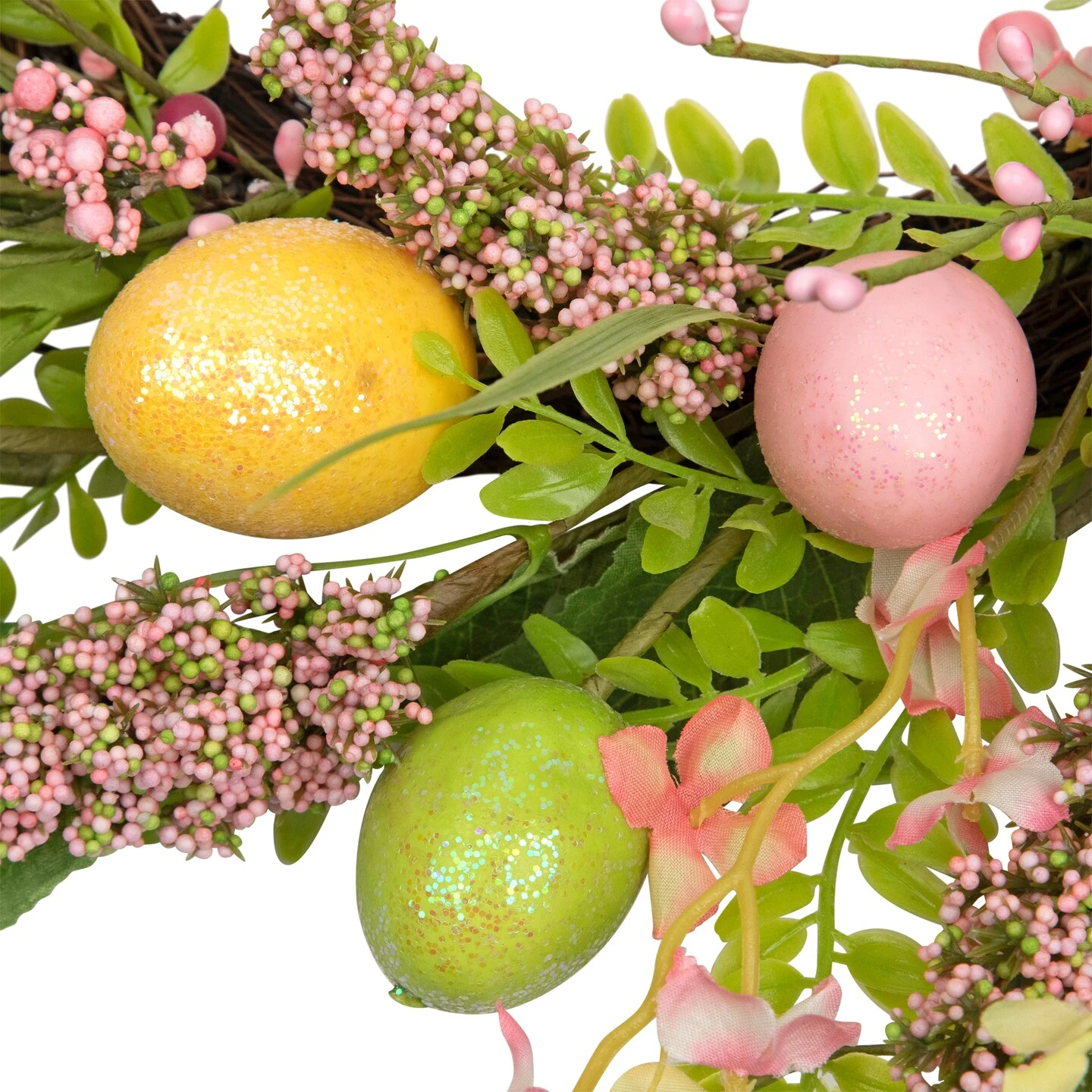 Northlight Glittered Eggs, Hibiscus And Berries Artificial Easter Twig Wreath - 20" - Pink And Green 8 Northlight Glittered Eggs, Hibiscus And Berries Artificial Easter Twig Wreath - 20" - Pink And Green - Image 6