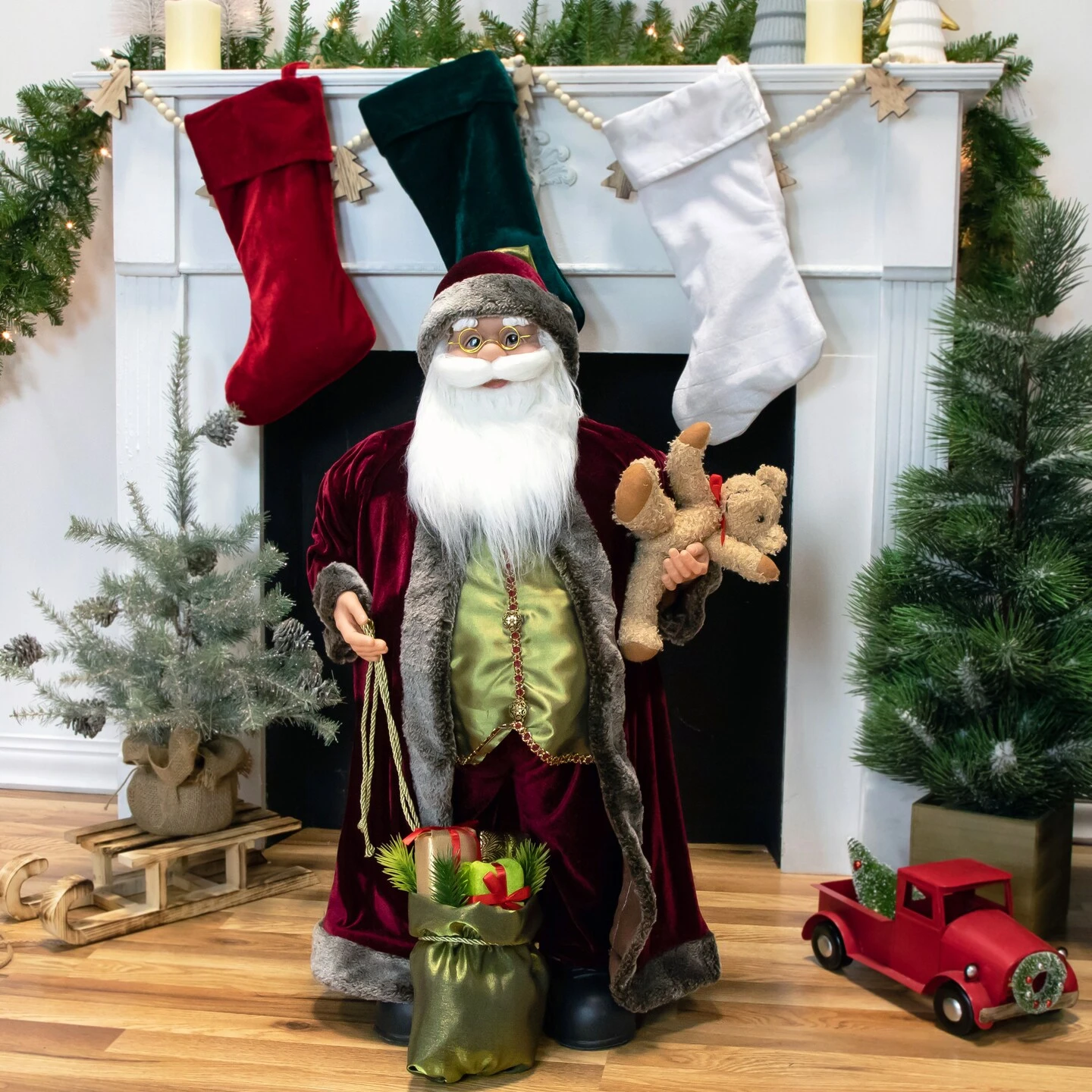 Northlight 32" Burgundy Santa Claus With Teddy Bear And Gift Bag Christmas Figure Red 5 Northlight 32" Burgundy Santa Claus With Teddy Bear And Gift Bag Christmas Figure Red - Image 3