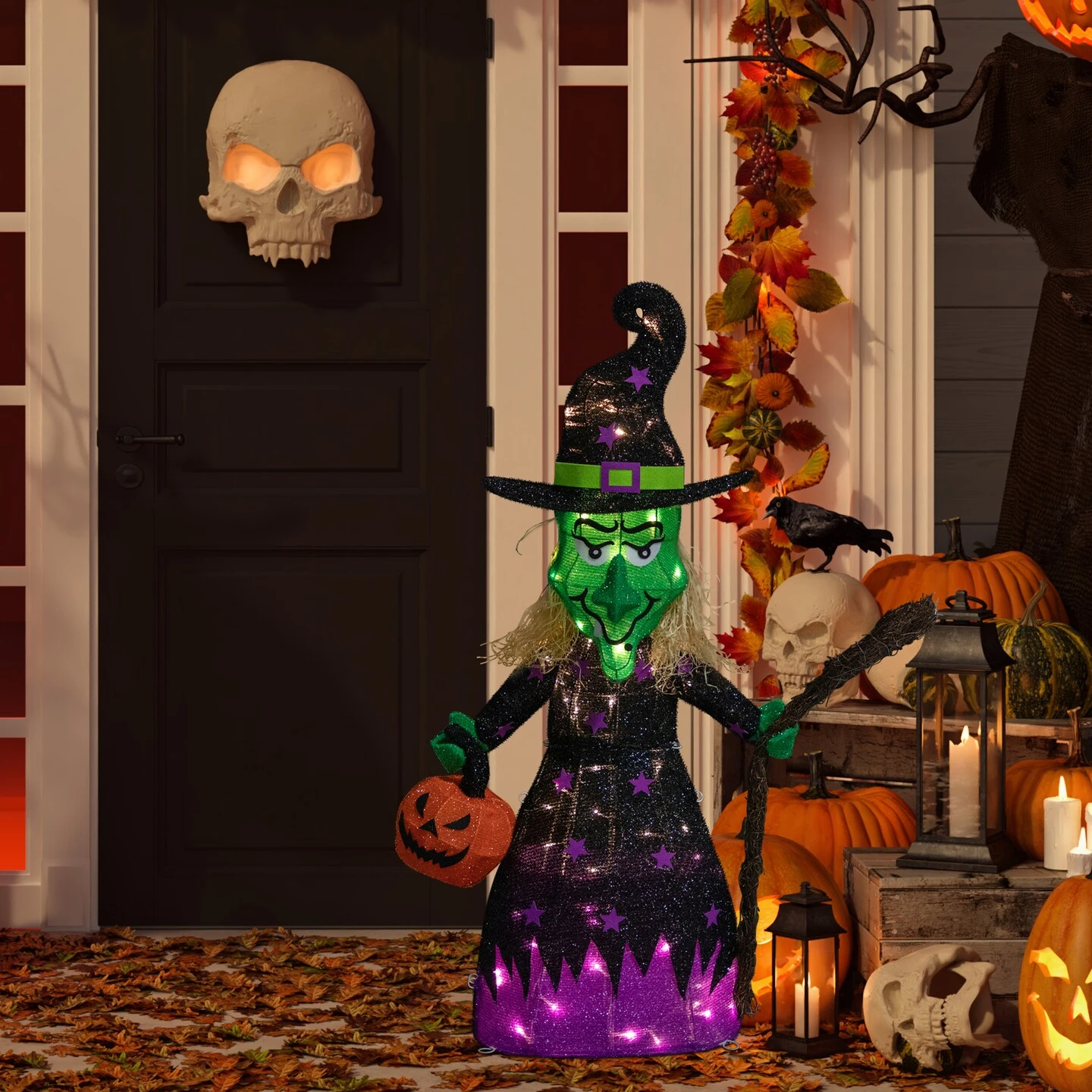 Northlight LED Lighted Witch With Broom Outdoor Halloween Decoration - 39"- Clear Lights Purple 5 Northlight LED Lighted Witch With Broom Outdoor Halloween Decoration - 39"- Clear Lights Purple - Image 3