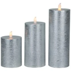 Northlight Flameless Flickering LED Wax Pillar Candles - 8" - Brushed Silver - Set Of 3 -Northlight 3458978380077155552