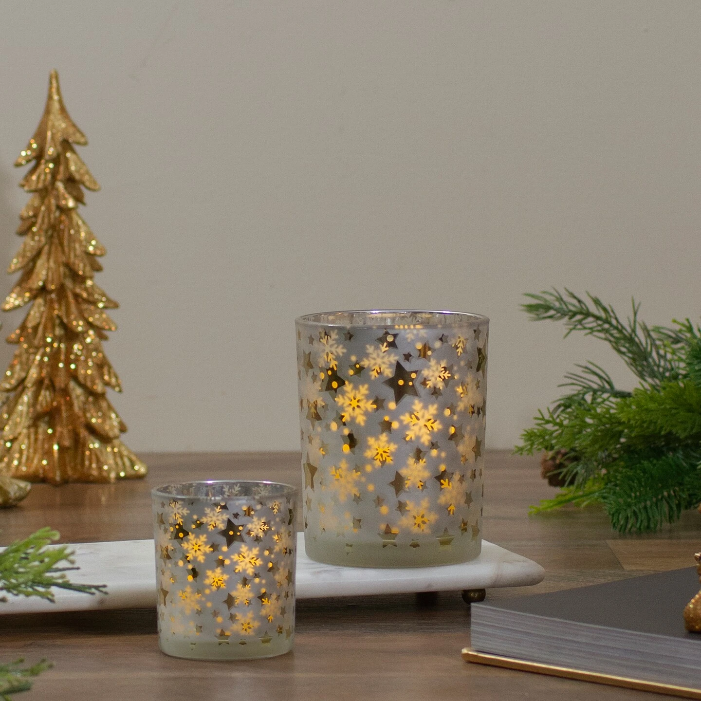 Northlight 3" Matte Silver And Gold Stars And Snowflakes Flameless Glass Candle Holder 5 Northlight 3" Matte Silver And Gold Stars And Snowflakes Flameless Glass Candle Holder - Image 3