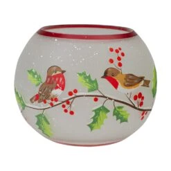 Northlight 5-Inch Hand Painted Finches And Pine Flameless Glass Candle Holder White -Northlight 3459144806747202208 2