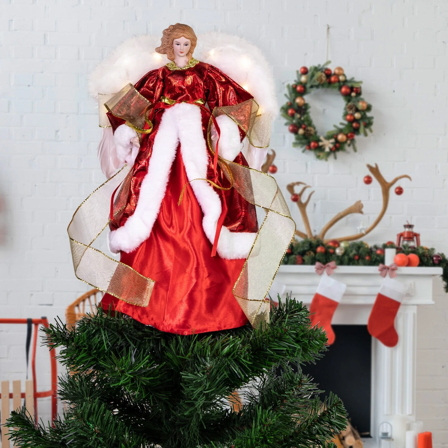 Northlight Angel With Lighted Wings Christmas Tree Topper - 14" - Red And White 5 Northlight Angel With Lighted Wings Christmas Tree Topper - 14" - Red And White - Image 3
