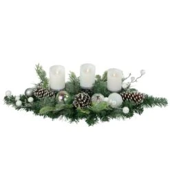 Northlight Pine And Berries Triple Candle Holder With Iridescent Christmas Ornaments - 32" Green -Northlight 3459237058625553632