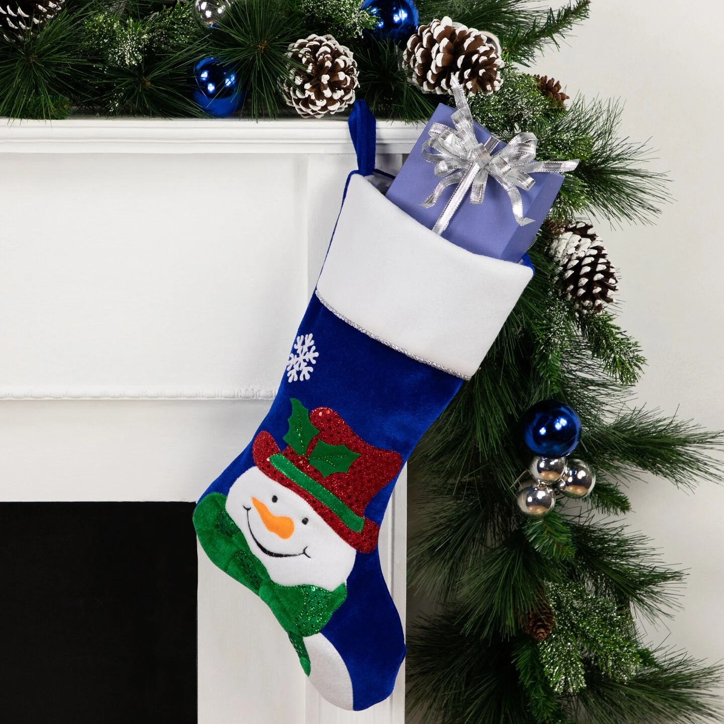 Northlight 20" Royal Blue Embroidered Velveteen Snowman Christmas Stocking With White Cuff 5 Northlight 20" Royal Blue Embroidered Velveteen Snowman Christmas Stocking With White Cuff - Image 3
