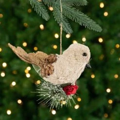 Northlight Front Facing Bird On Frosted Pine Needle Christmas Ornament - 6.75" Green
