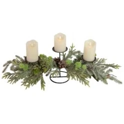Northlight Triple Candle Holder With Frosted Foliage And Pine Cones Christmas Decoration - 26" Black