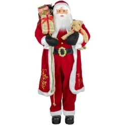 Northlight 5' Traditional Santa Claus With Teddy Bear And Gift Bag Standing Christmas Figure Red -Northlight 363453901824672 1