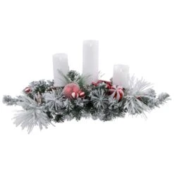 Northlight Triple Candle Holder With Flocked Pine And Christmas Ornaments - 32" - Red And White