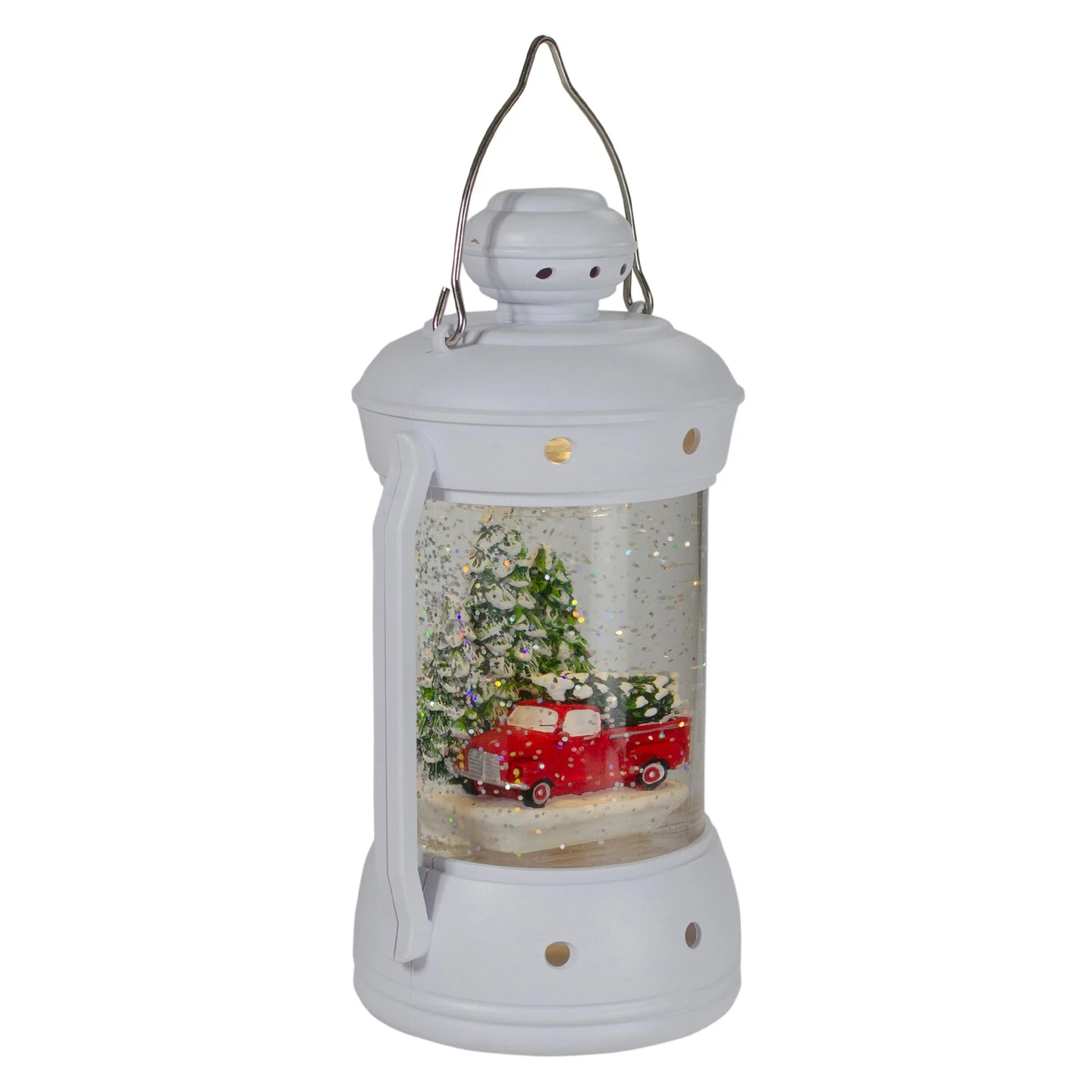 Northlight 9" White Lantern Christmas Snow Globe With Red Truck And Trees Green 5 Northlight 9" White Lantern Christmas Snow Globe With Red Truck And Trees Green - Image 3