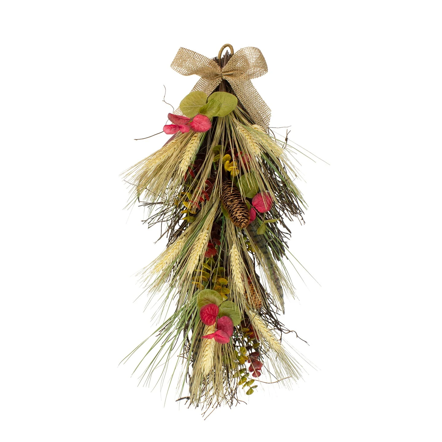 Northlight 24" Autumn Harvest Wheat And Eucalyptus With Feathers Teardrop Swag - Unlit Red 3 Northlight 24" Autumn Harvest Wheat And Eucalyptus With Feathers Teardrop Swag - Unlit Red