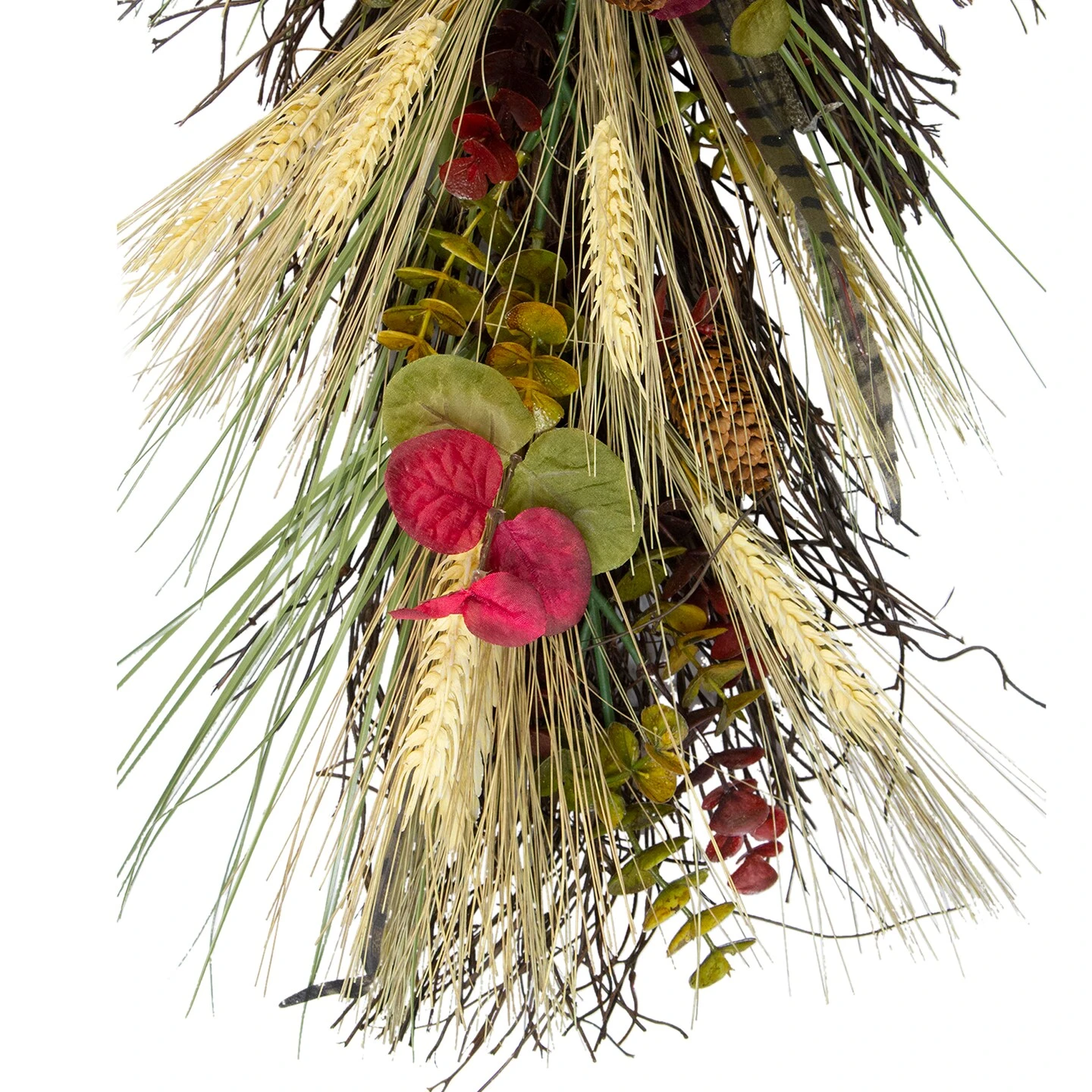 Northlight 24" Autumn Harvest Wheat And Eucalyptus With Feathers Teardrop Swag - Unlit Red 7 Northlight 24" Autumn Harvest Wheat And Eucalyptus With Feathers Teardrop Swag - Unlit Red - Image 5