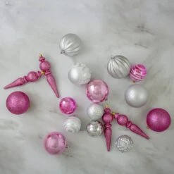 Northlight Shatterproof 3-Finish Christmas Ball And Finial Ornaments -Pink And Silver - 75ct -Northlight 378425063682144