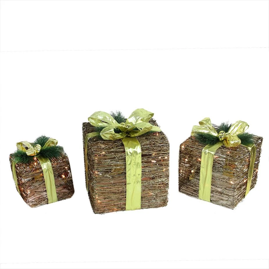Northlight Lighted Glitter Rattan Gift Boxes Christmas Decoration - 12" - Clear Lights - Set Of 3 Brown 4 Northlight Lighted Glitter Rattan Gift Boxes Christmas Decoration - 12" - Clear Lights - Set Of 3 Brown - Image 2
