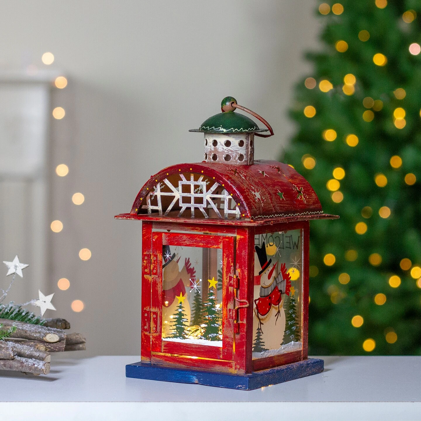 Northlight Red, White And Gray Snowman "WELCOME" Christmas Lantern 9.75" 5 Northlight Red, White And Gray Snowman "WELCOME" Christmas Lantern 9.75" - Image 3