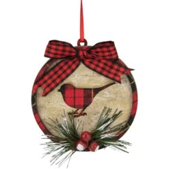 Northlight Plaid Cardinal Disc Christmas Ornament - 4" - Red And Black