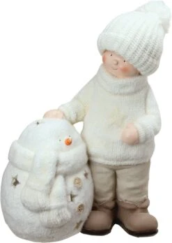 Northlight Snowman With Standing Boy Christmas Tealight Candle Holder - 17.25" - White -Northlight 380292718518944 1