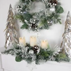Northlight Flocked Pine Triple Candle Holder With Iridescent Christmas Ornaments - 30" White -Northlight 380293281079968