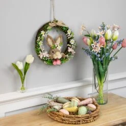 Northlight Spring Floral Easter Wreath With Peering Rabbit - 11" - Green And Pink Brown -Northlight 395471807415312