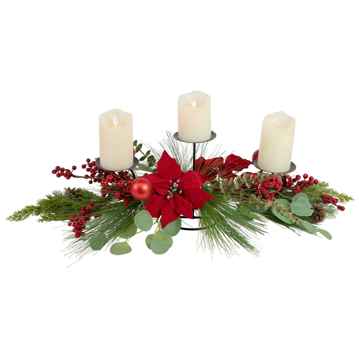 Northlight Poinsettia And Berries Christmas Tripe Pillar Candle Holder - 32" Green 4 Northlight Poinsettia And Berries Christmas Tripe Pillar Candle Holder - 32" Green - Image 2