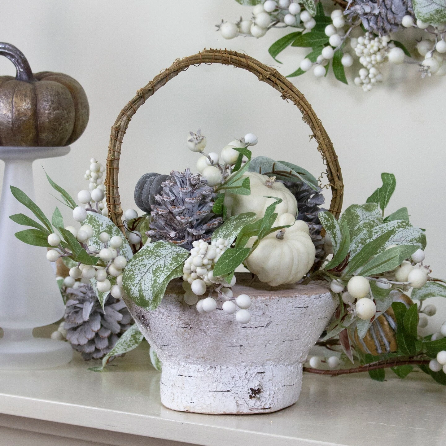 Northlight Gourds And Berries With Foliage In Fall Harvest Artificial Birch Basket - 13" Green 5 Northlight Gourds And Berries With Foliage In Fall Harvest Artificial Birch Basket - 13" Green - Image 3