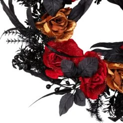 Northlight Roses With Mixed Foliage Halloween Wreath - 22" - Red And Gold - Unlit Black -Northlight 414626829168048