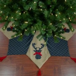 Northlight 48" Blue And Brown Burlap And Plaid Reindeer Christmas Tree Skirt With Tassels