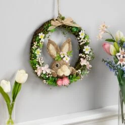 Northlight Spring Floral Easter Wreath With Peering Rabbit - 11" - Green And Pink Brown -Northlight 435999118820368